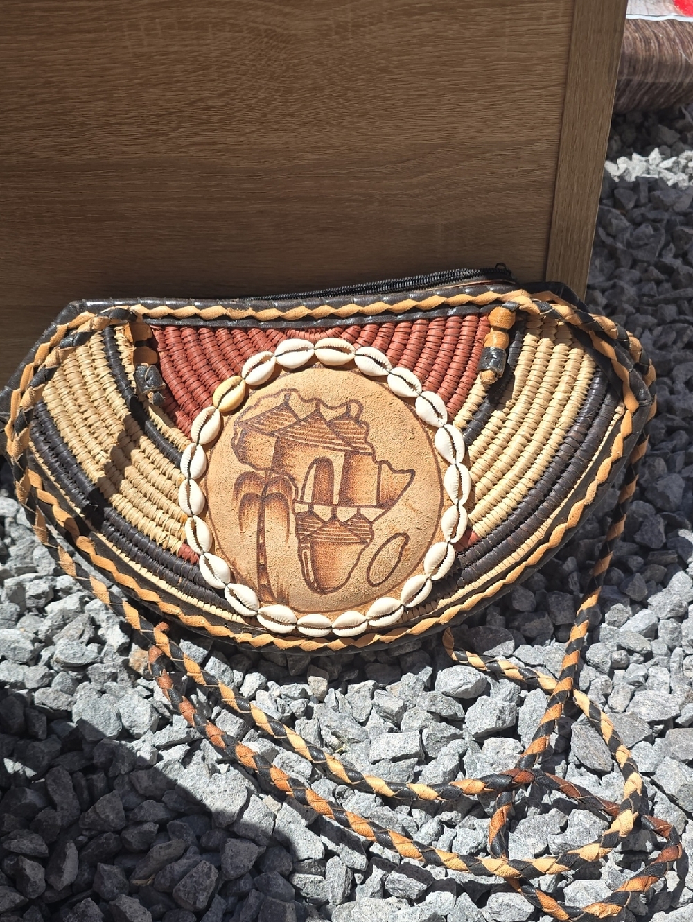 Handwoven Straw Crossbody Bag with Shell Accent - Brown/Tan
